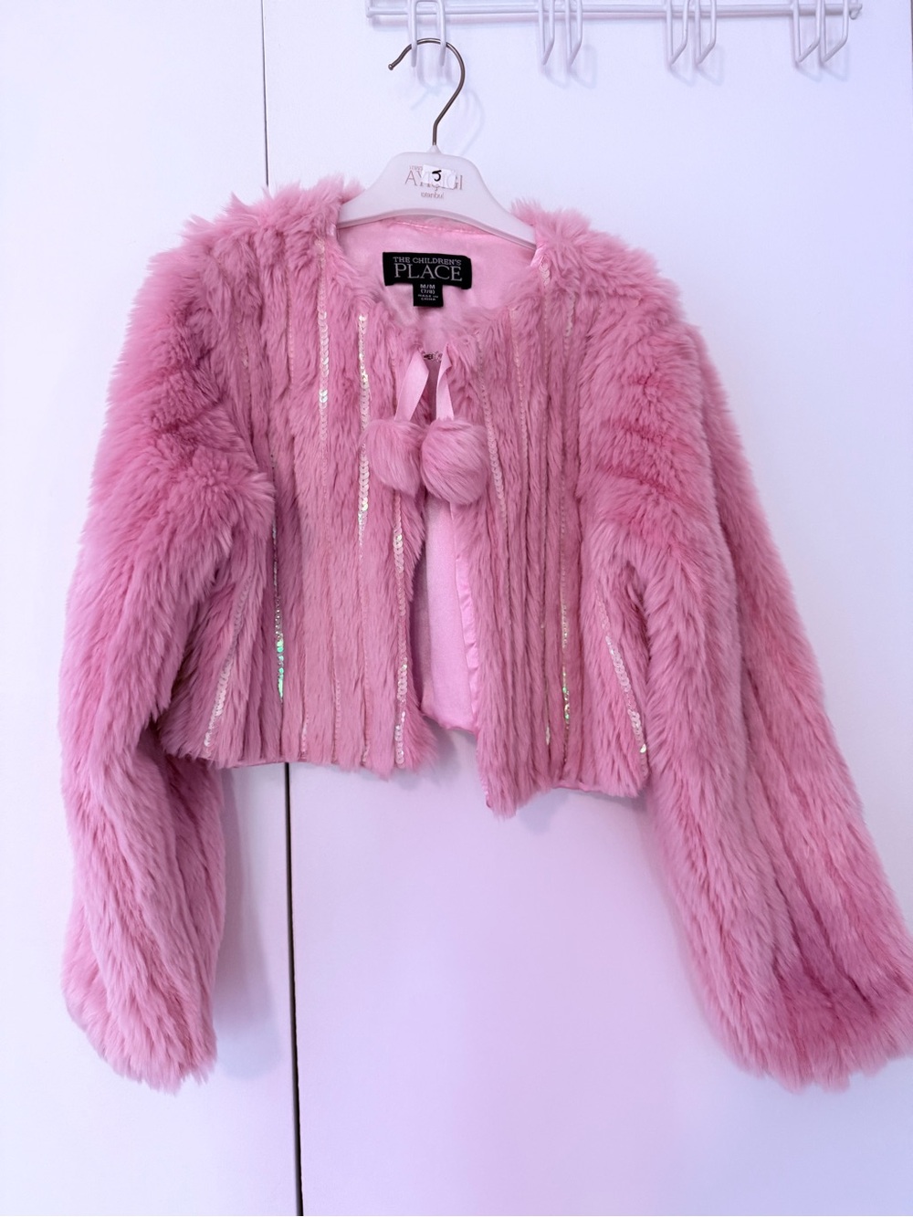 The Children's Place Dusty Pink Faux-Fur Pom-Detail Cropped Jacket (Size 7-8)